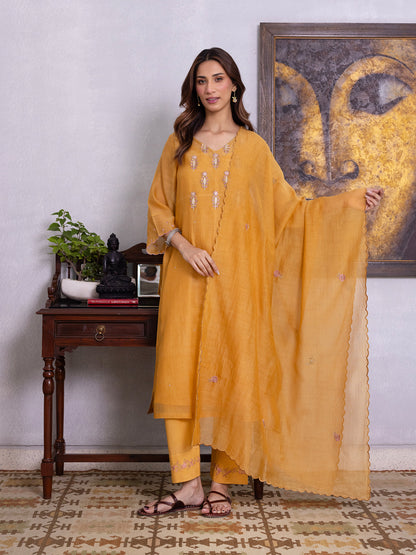 Mustard yellow mul chanderi gota with thread embroidery kurta set