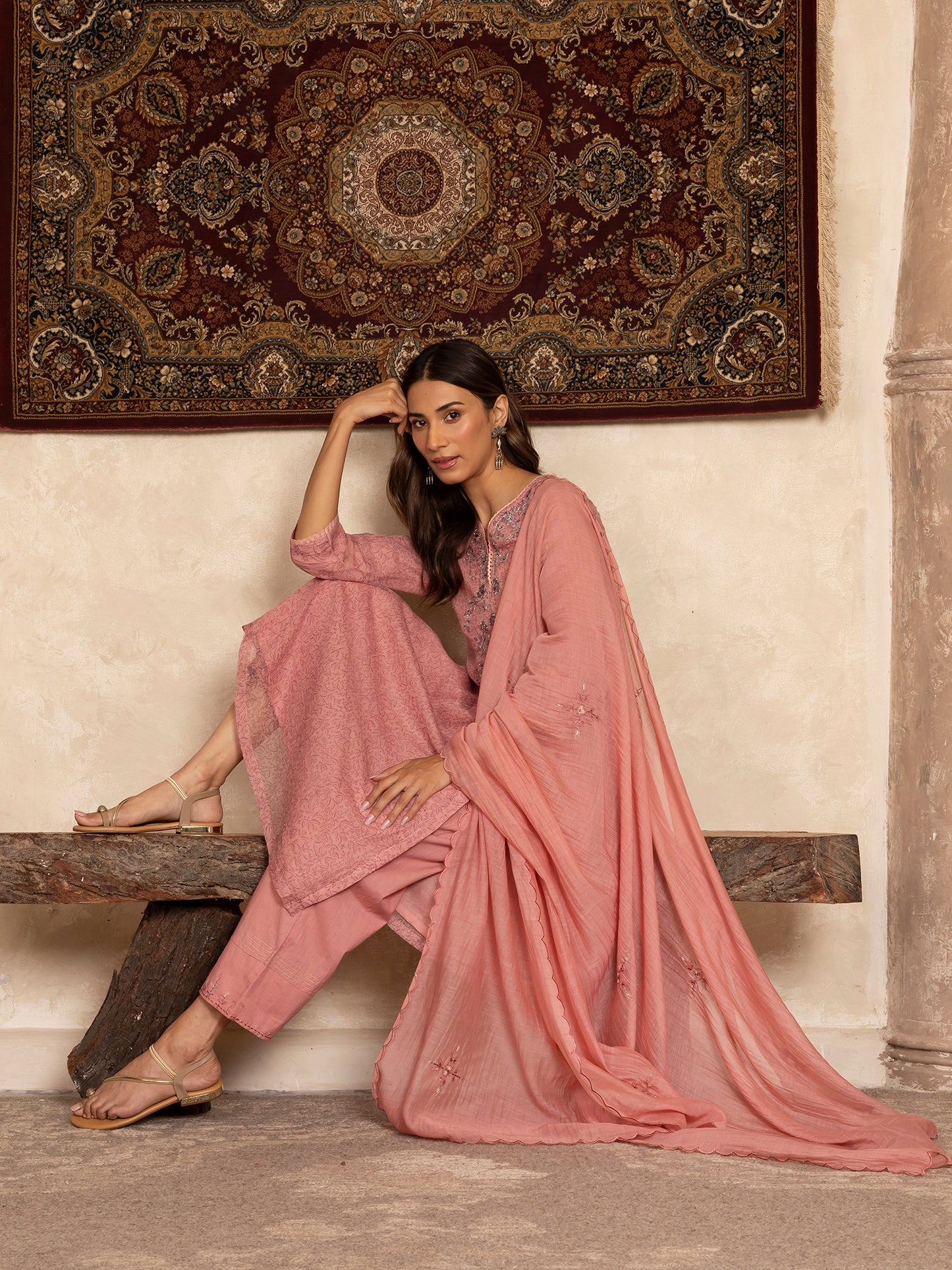 Pink hand block print kota cotton with zardozi hand embroidery kurta set
