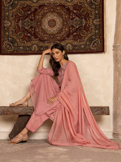 Pink hand block print kota cotton with zardozi hand embroidery kurta set