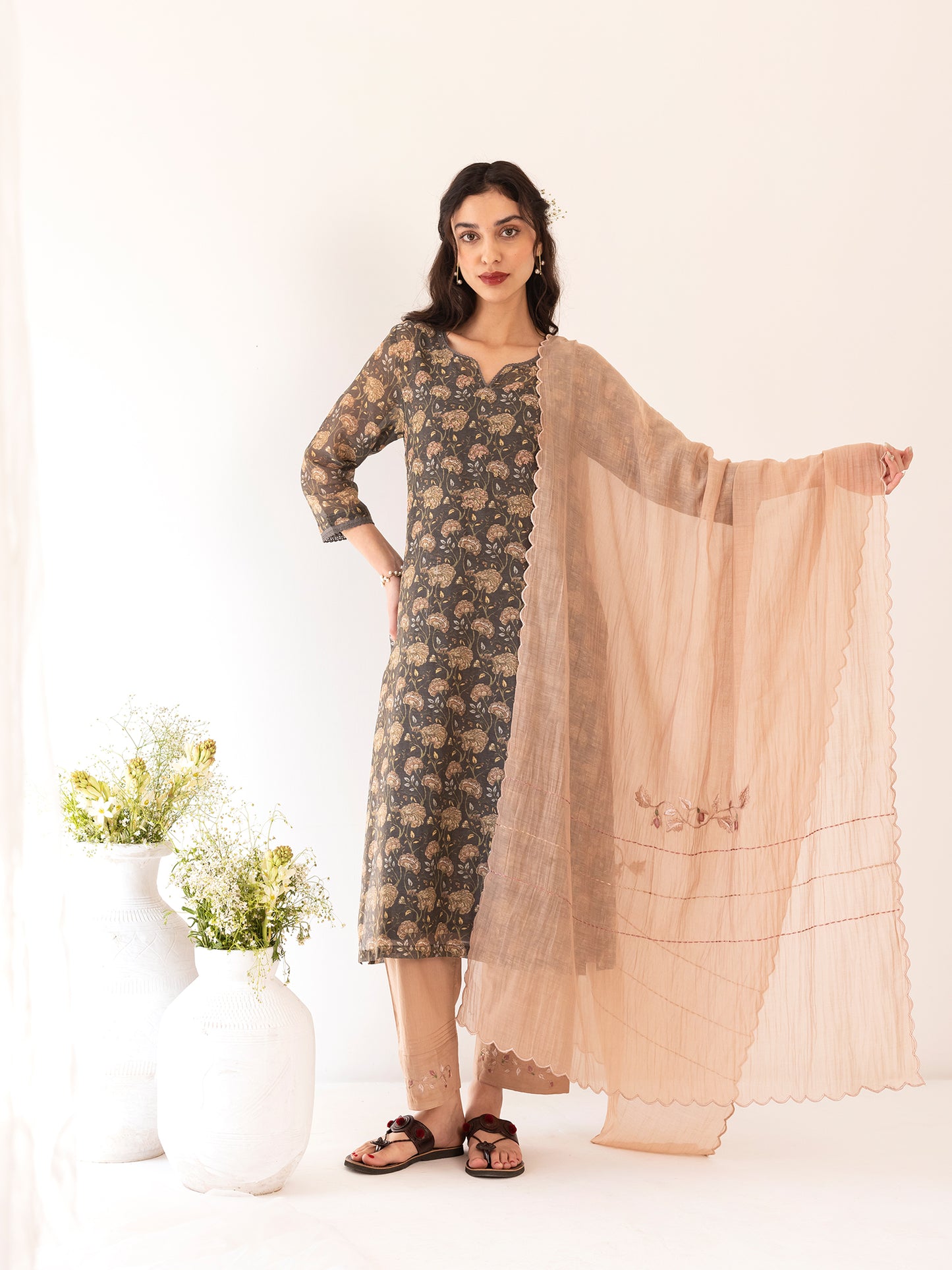 Charcoal floral printed mul chanderi beadwork kurta set