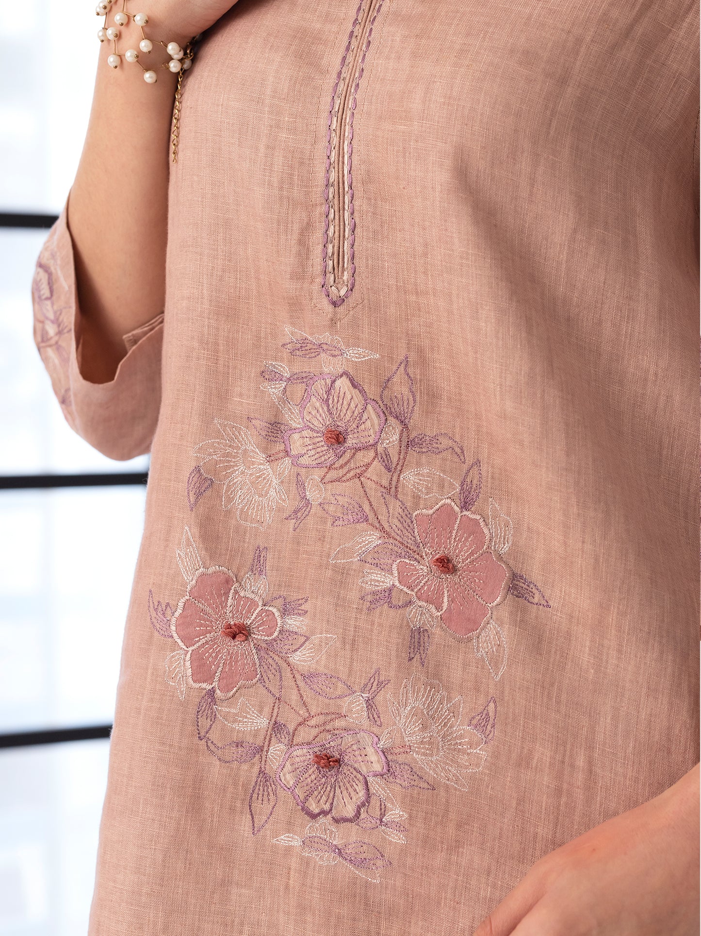 Old rose linen thread and fabric cutwork kurta
