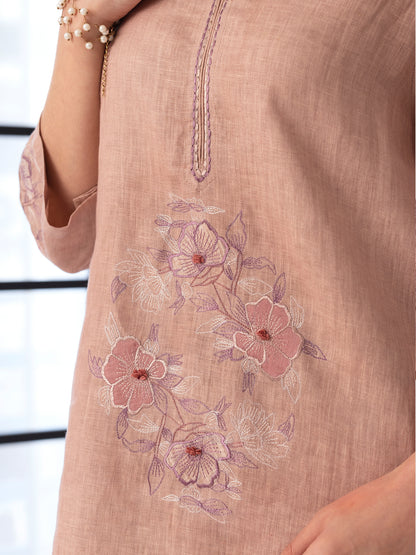 Old rose linen thread and fabric cutwork kurta