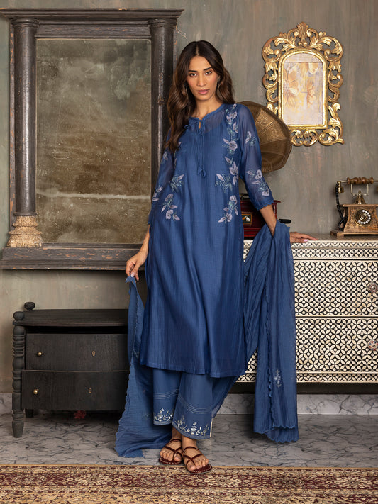 Navy blue mul chanderi  thread and fabric cutwork kurta set