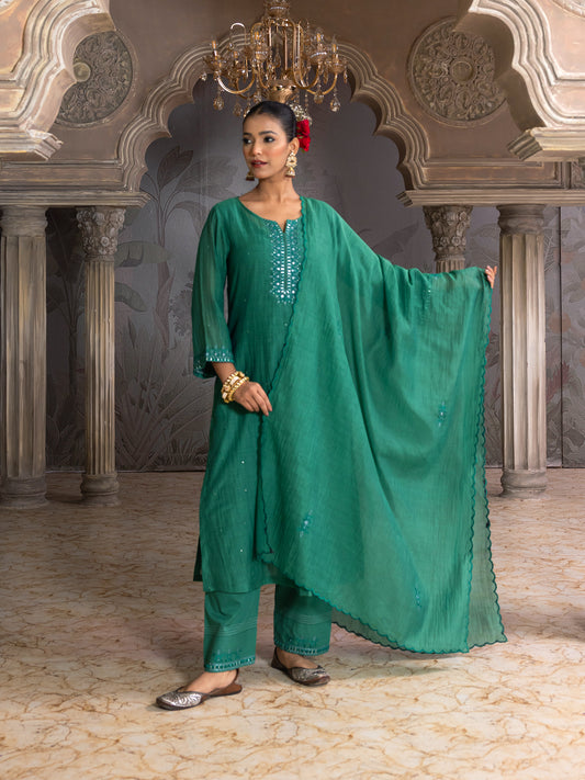 Bottle green mul chanderi thread with mirror work dupatta