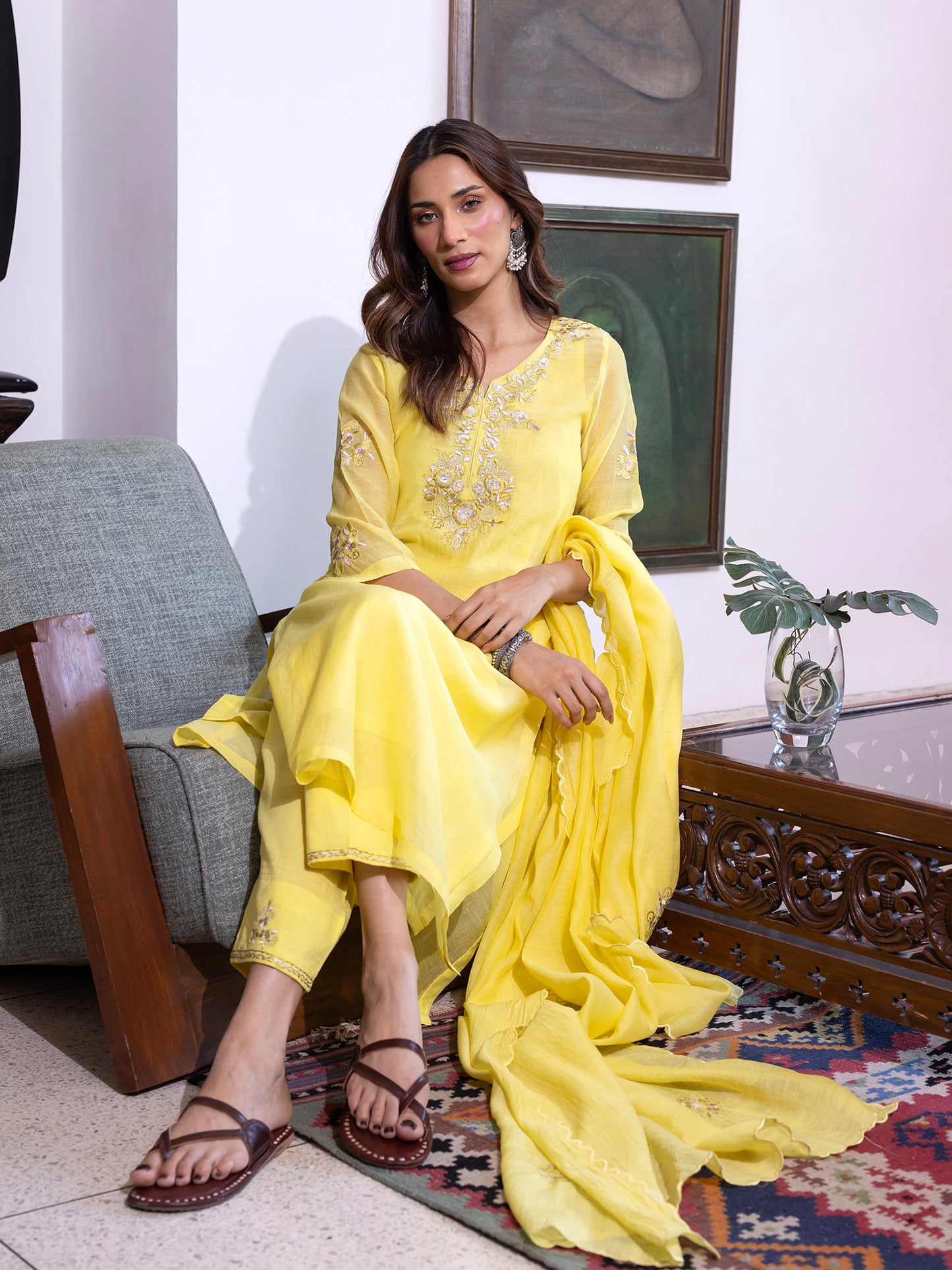 Yellow mul chanderi  thread with sequence and bead work kurta set