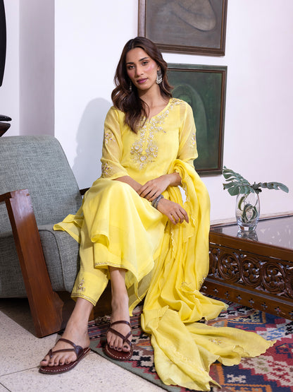 Yellow mul chanderi  thread with sequence and bead work kurta set