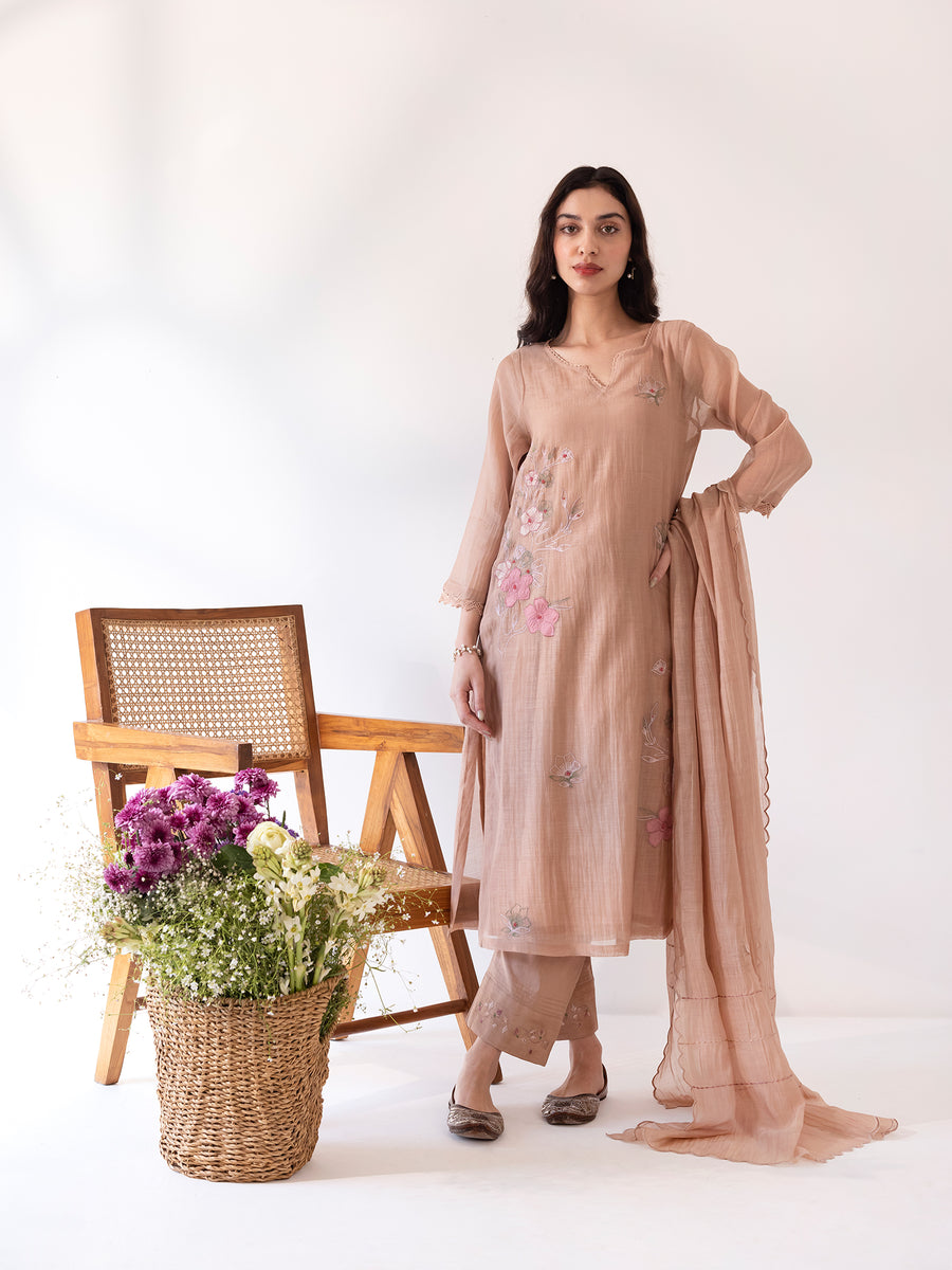 Beige mul chanderi kurta set