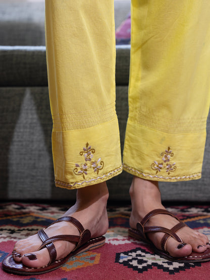 Yellow mul chanderi  thread with sequence and bead work kurta set