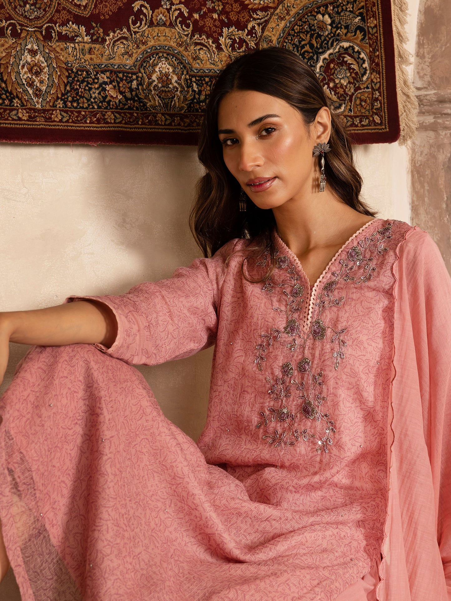 Pink hand block print kota cotton with zardozi hand embroidery kurta set