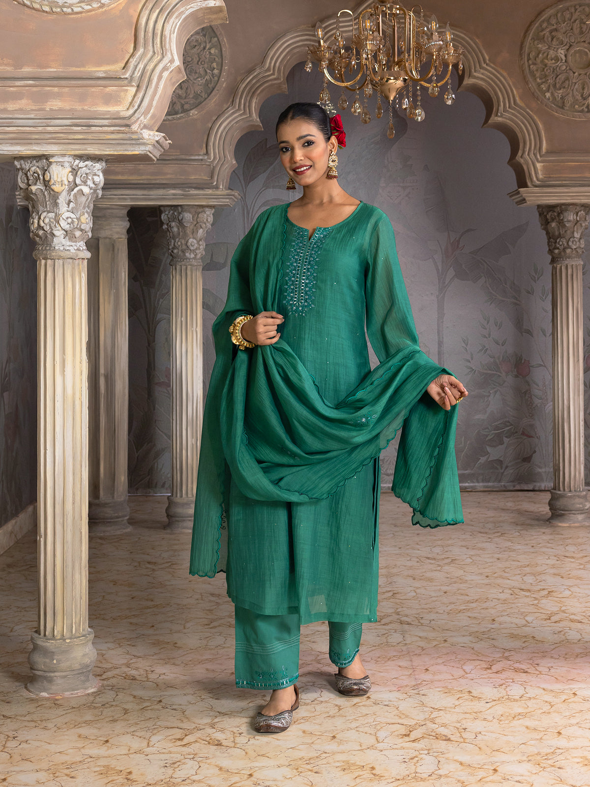 Bottle green mul chanderi thread with mirror and sequence embroidery kurta set