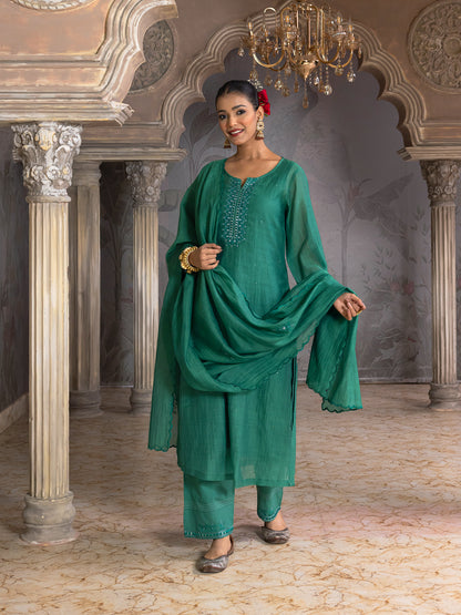 Bottle green mul chanderi thread with mirror and sequence embroidery kurta set