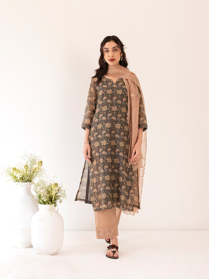Charcoal floral printed mul chanderi beadwork kurta set