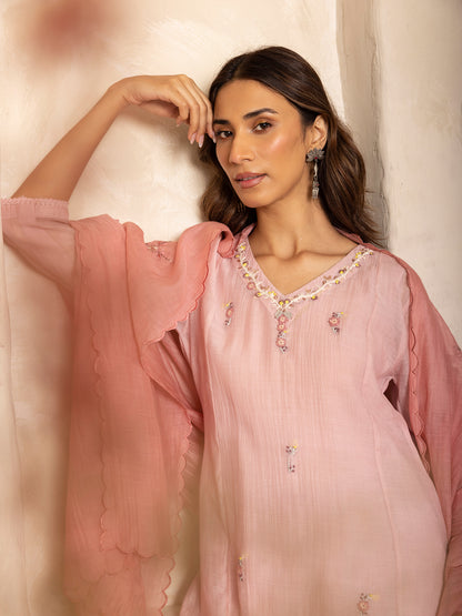 Peach mul chanderi thread with crochet hand embroidery kurta