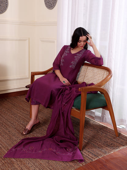 Purple mul chanderi bead work kurta set
