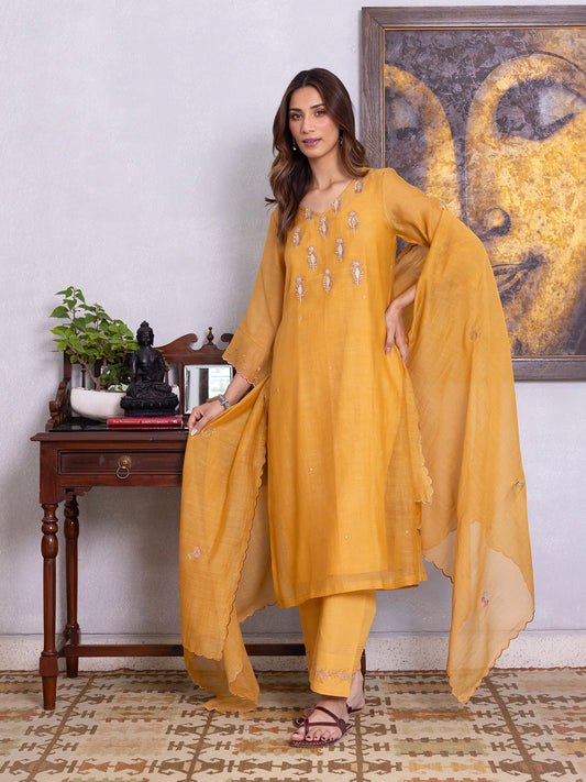 Mustard yellow mul chanderi gota with thread embroidery kurta set