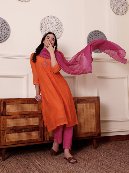 Orange mul chanderi beadwork kurta
