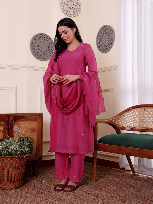 Rani pink mul Chanderi beadwork Kurta Set