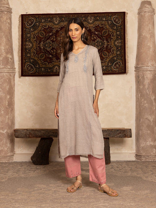 Gray hand block print kota cotton with zardozi hand embroidery kurta