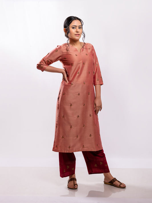 Old rose cotton silk aari hand embroidery kurta