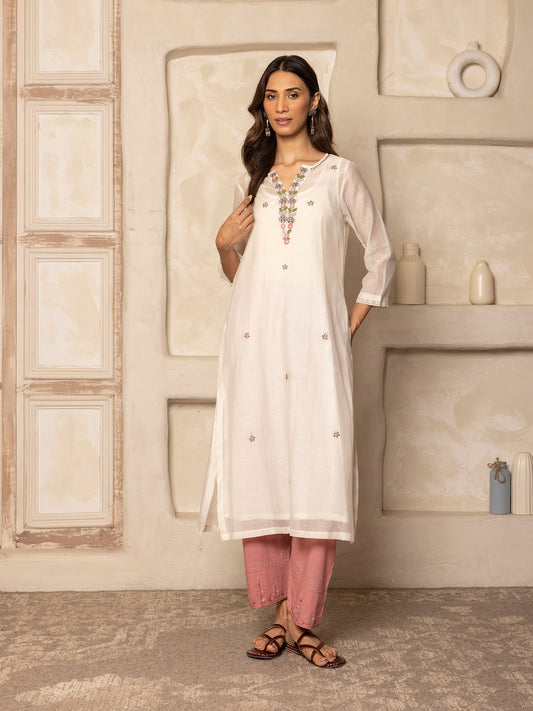 off white mul chanderi thread with crochet hand embroidery kurta