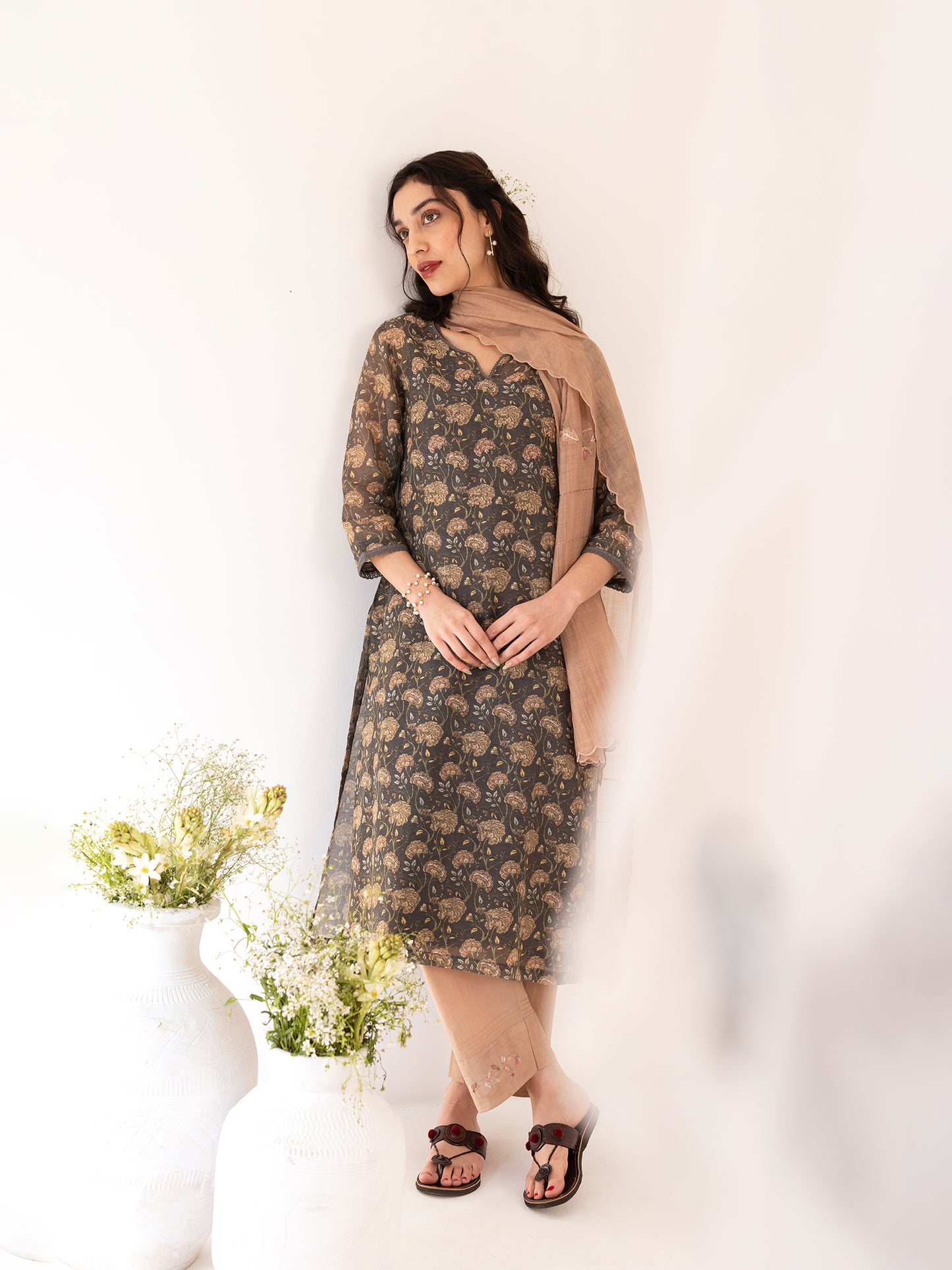 Charcoal floral printed mul chanderi beadwork kurta set