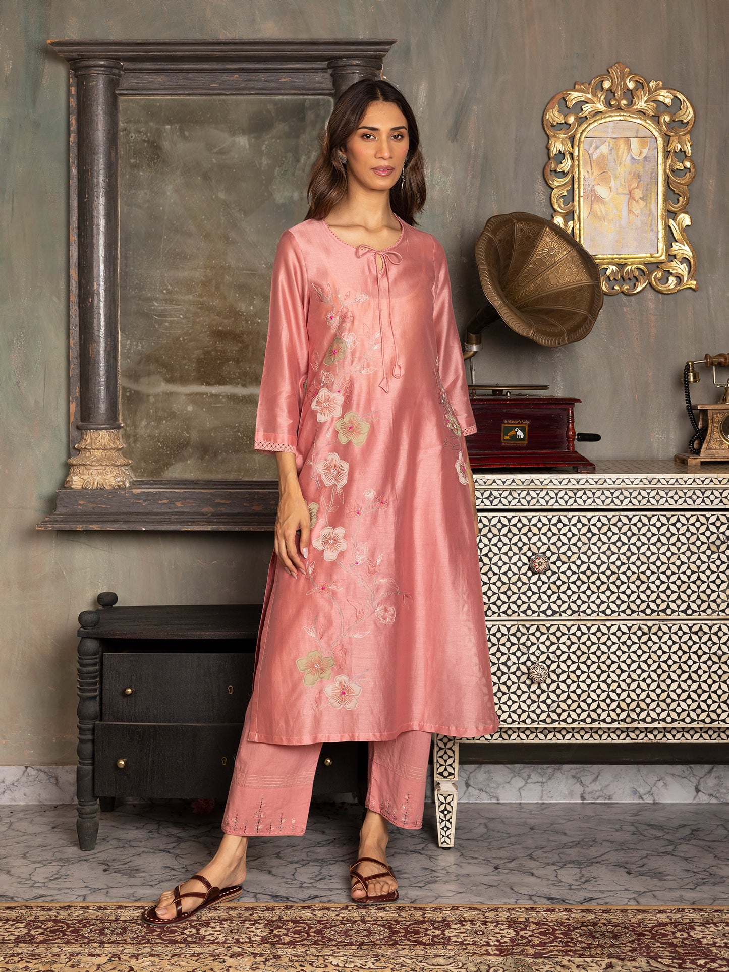 onion pink silk chanderi thread and fabric cutwork work kurta