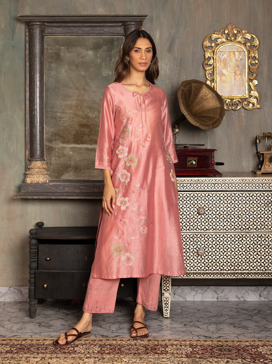 onion pink silk chanderi thread and fabric cutwork work kurta