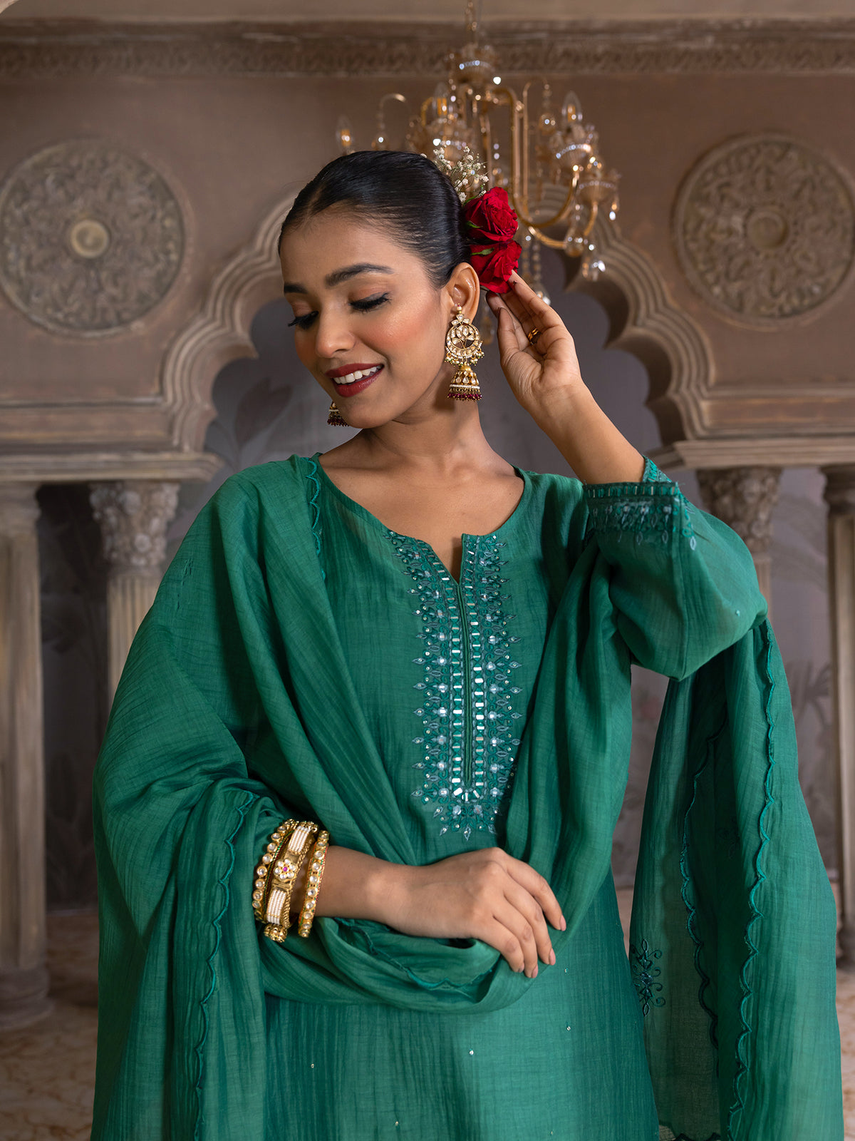 Bottle green mul chanderi thread with mirror and sequence embroidery kurta set