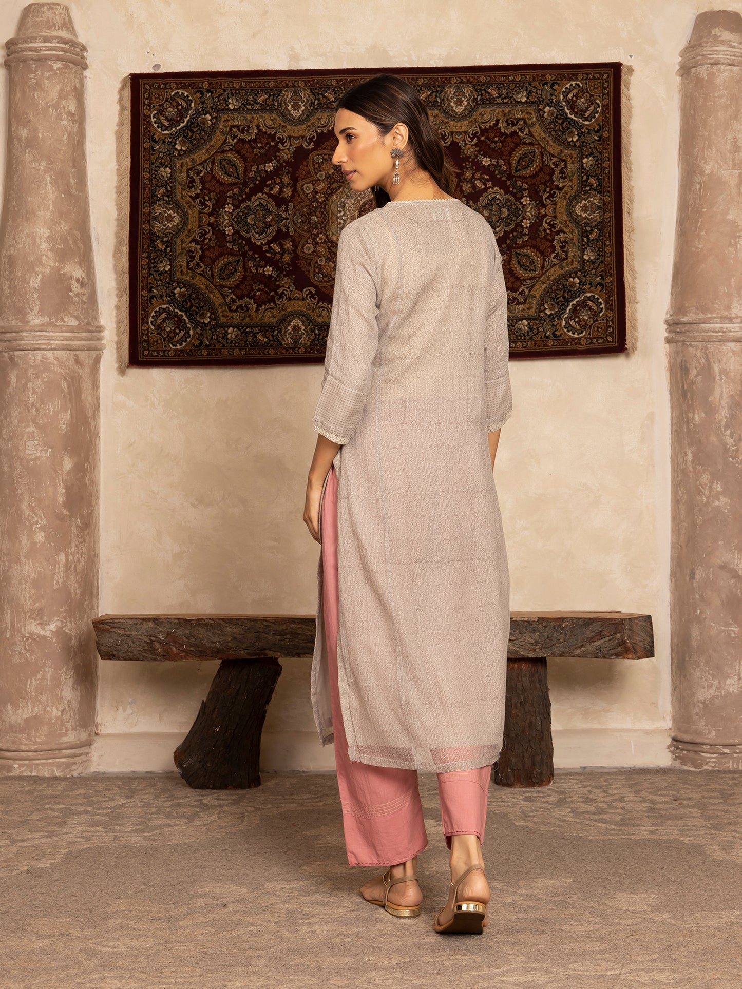 Gray hand block print kota cotton with zardozi hand embroidery kurta set
