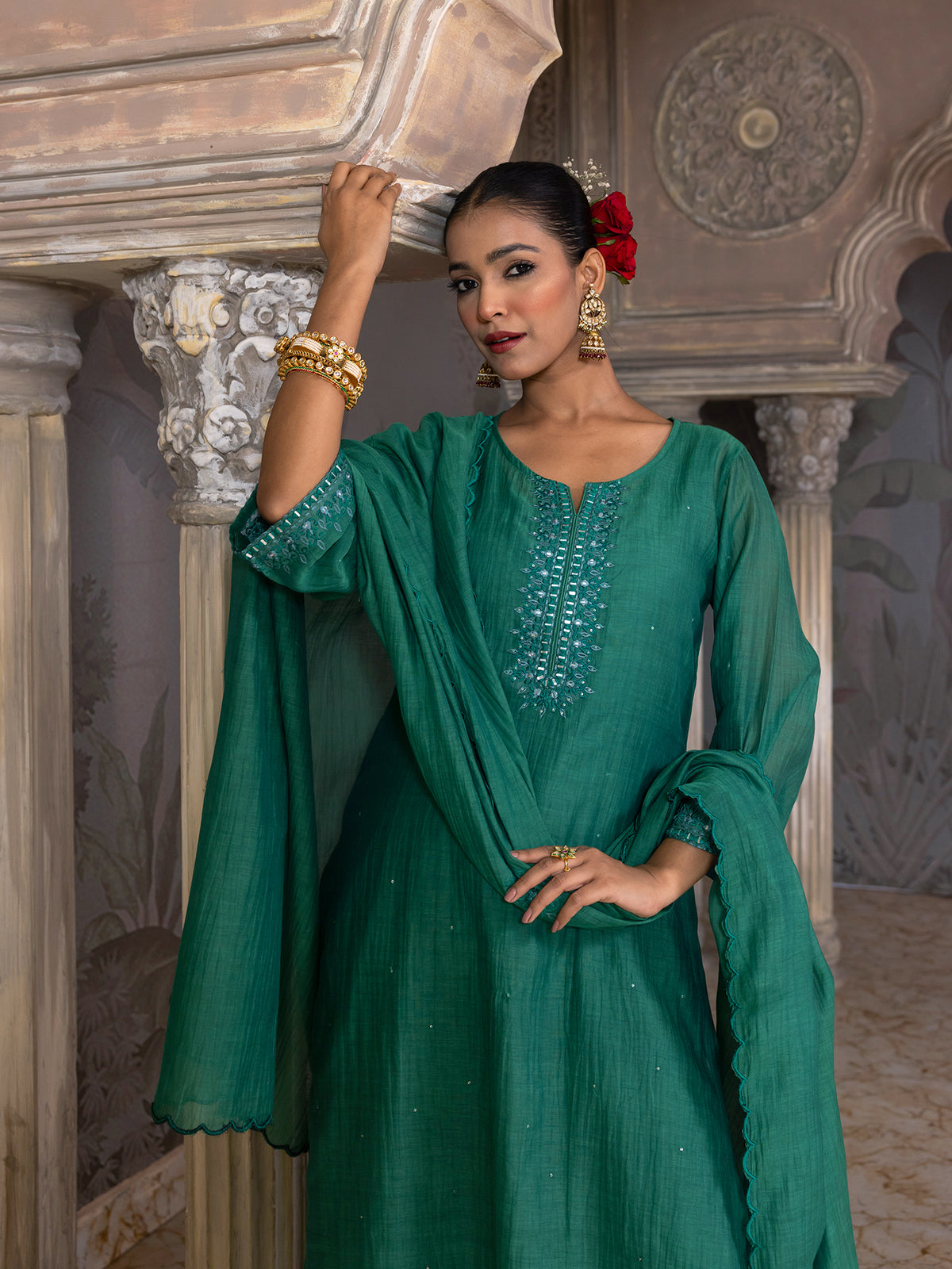 Bottle green mul chanderi thread with mirror and sequence embroidery kurta set