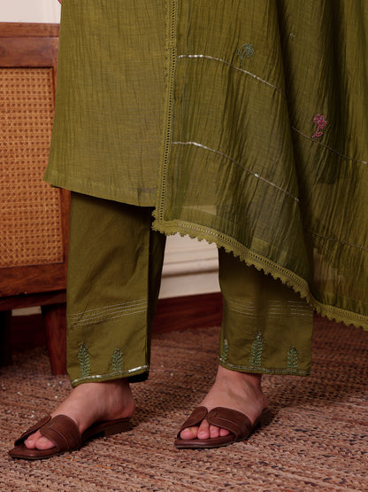 Mehndi green Zardozi mul Chanderi Dupatta