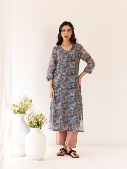 Blue and off white printed mul chanderi beadwork kurta set