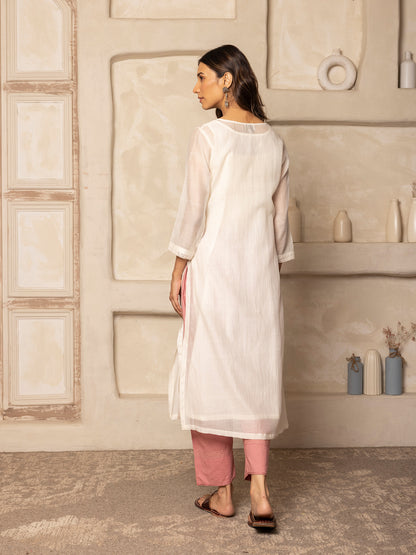 off white mul chanderi thread with crochet hand embroidery kurta set