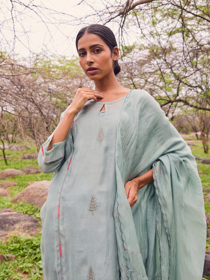 Sea Blue mul Chanderi Threadwork Dupatta