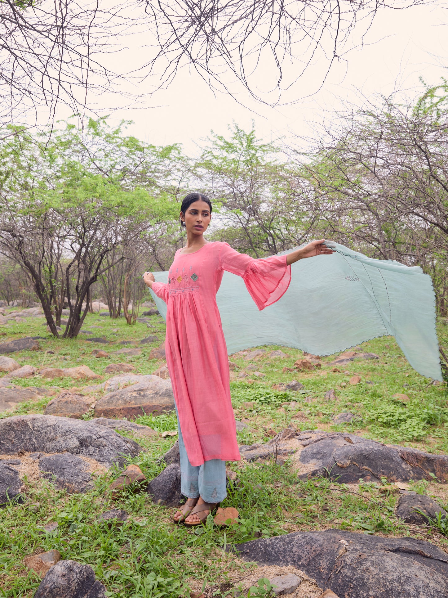 Coral mul chanderi cutwork kurta