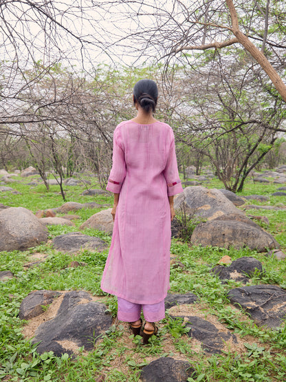 Lavender mul chanderi thread work kurta