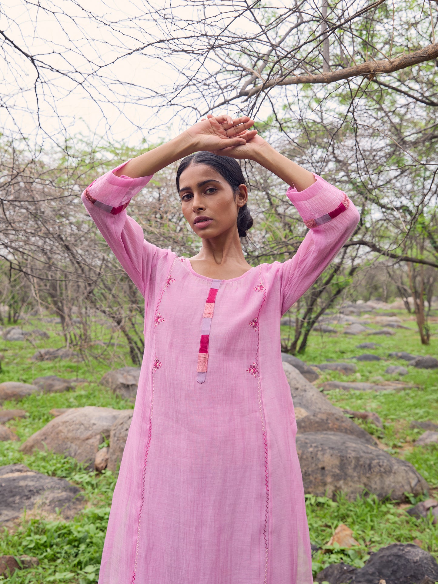 Lavender mul chanderi thread work kurta