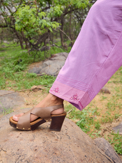 Mauve and Purple Printed Mul Chanderi Beadwork Kurta Set