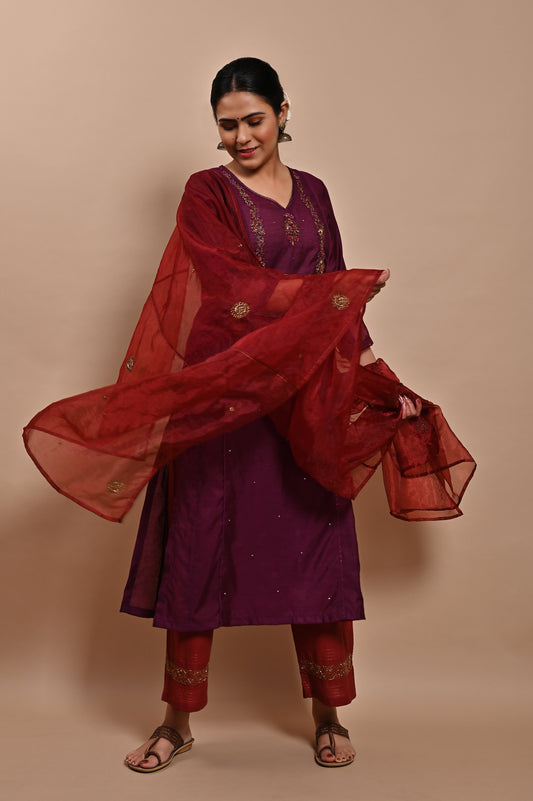 Purple Handloom Silk Kurta Set