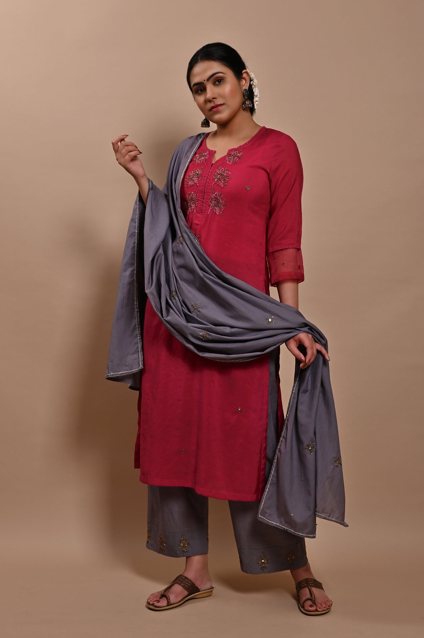 Rani Pink Handloom Silk Kurta Set