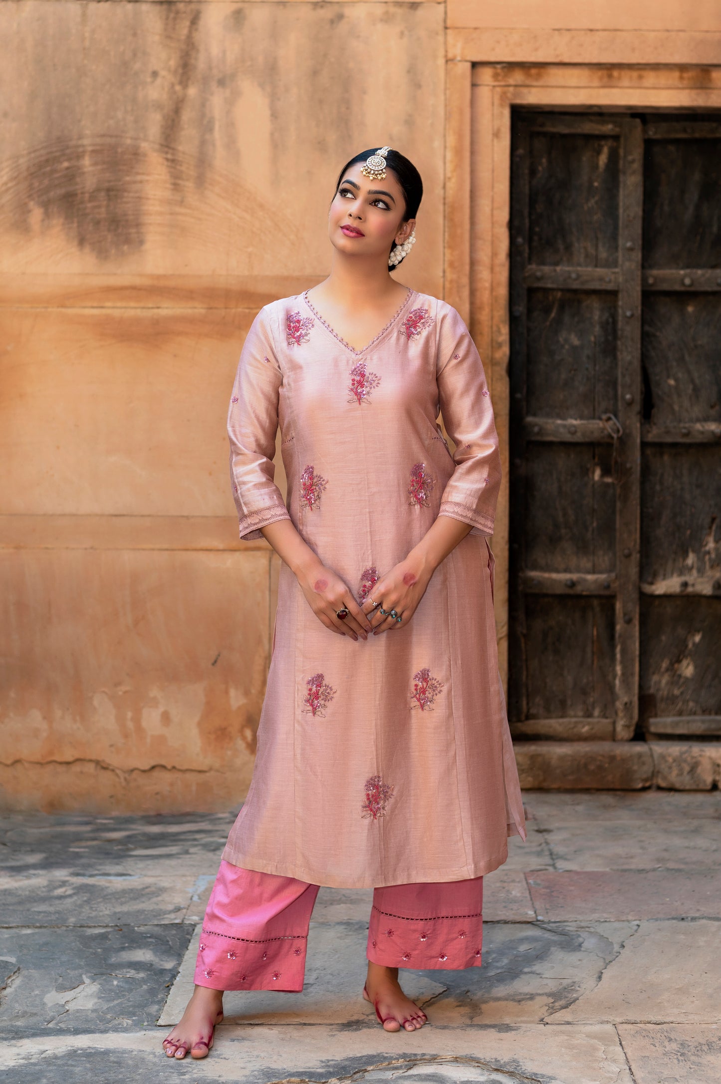 Old Rose Silk Chanderi Kurta Set