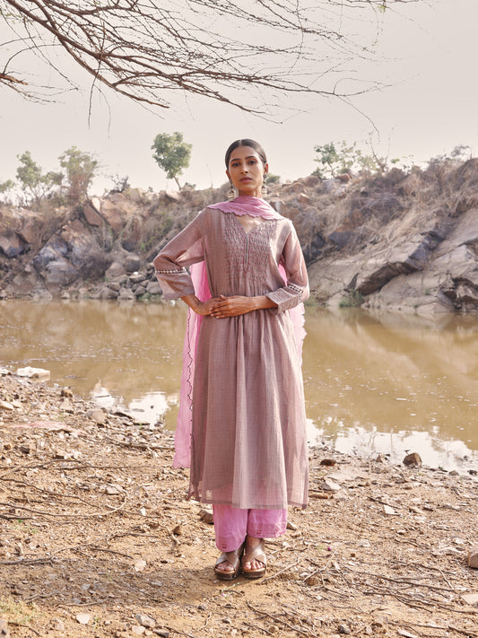 Mauve and Purple Printed Mul Chanderi Beadwork Kurta Set