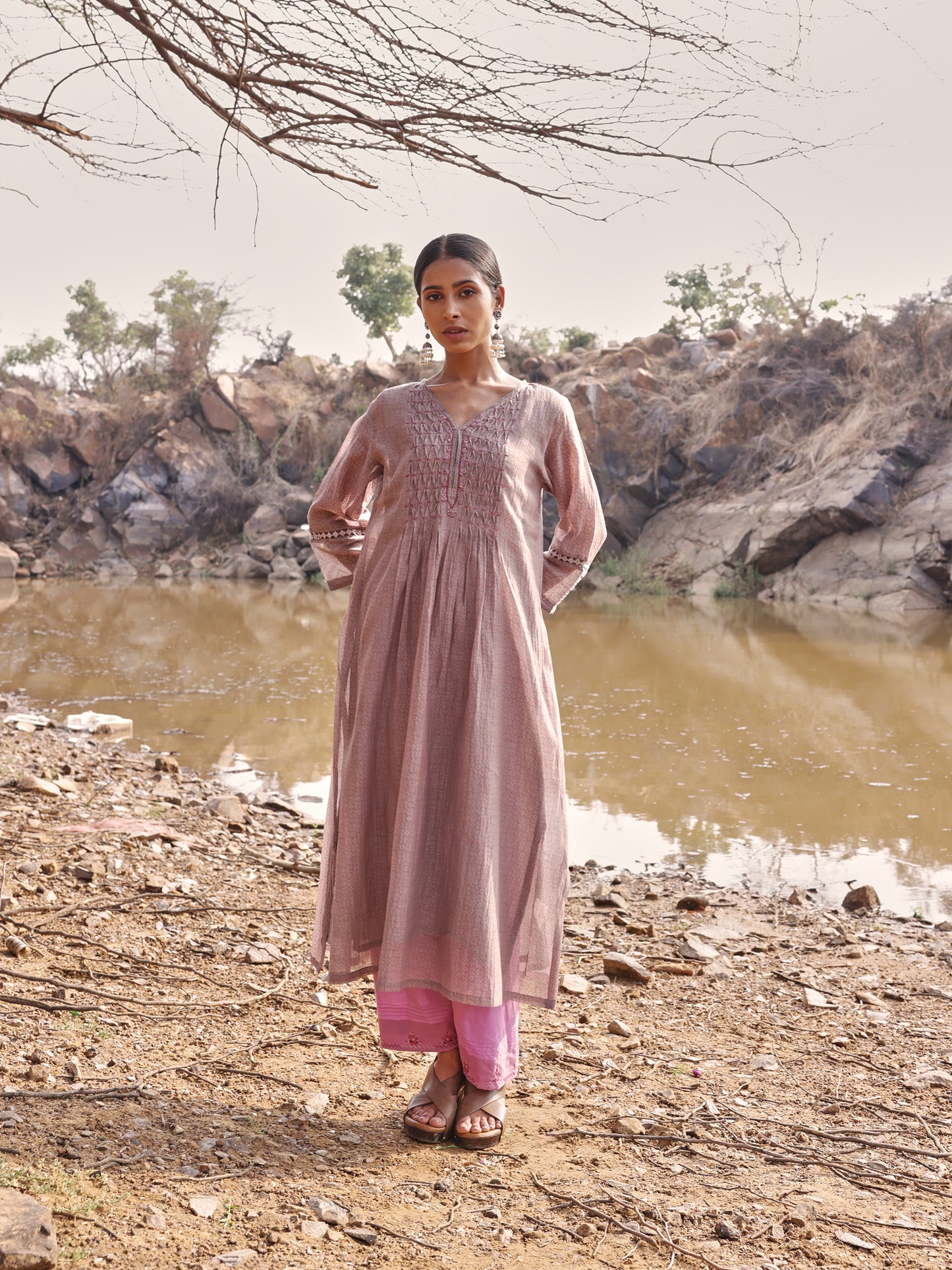 Mauve and Purple Printed Mul Chanderi Beadwork Kurta Set