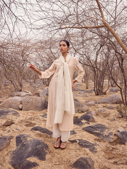 Off White Printed Mul Chanderi Scalloped Dupatta
