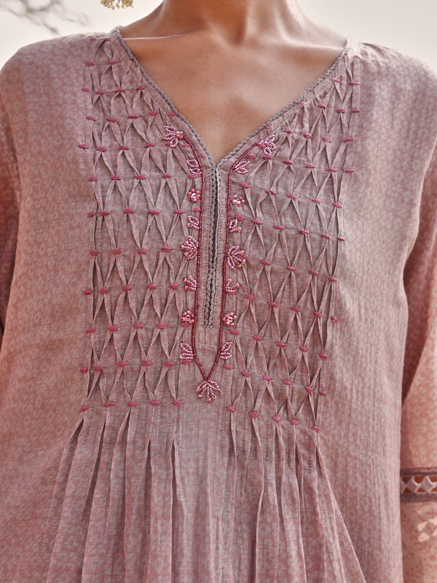 Mauve and Purple Printed Mul Chanderi Beadwork Kurta Set