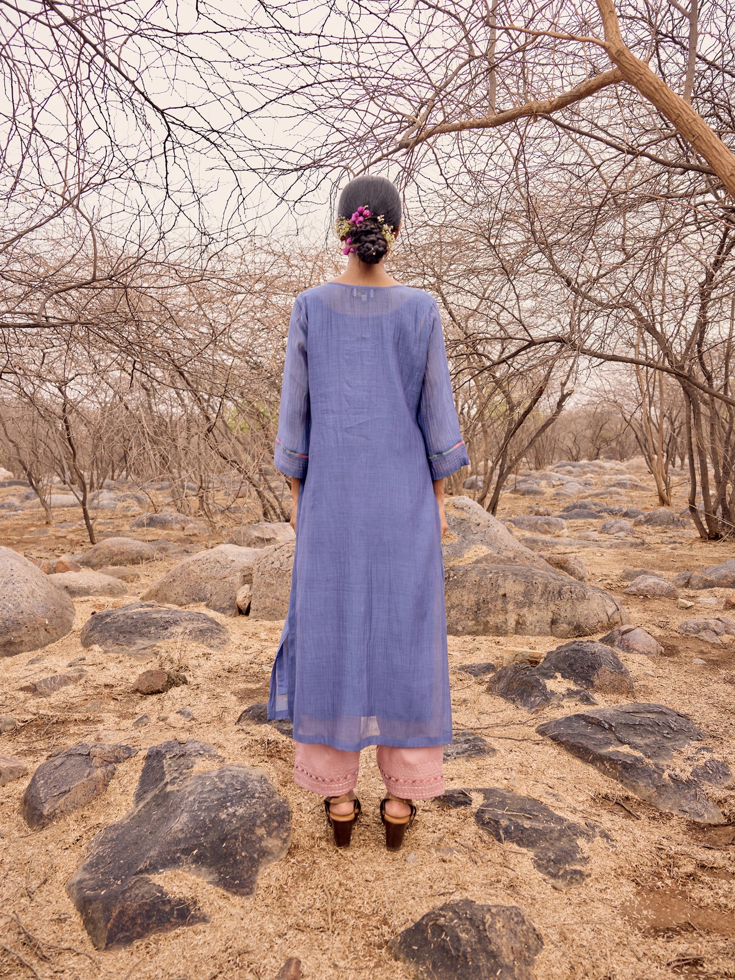 Navy blue mul chanderi threadwork kurta