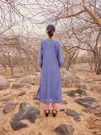 Navy blue mul chanderi threadwork kurta
