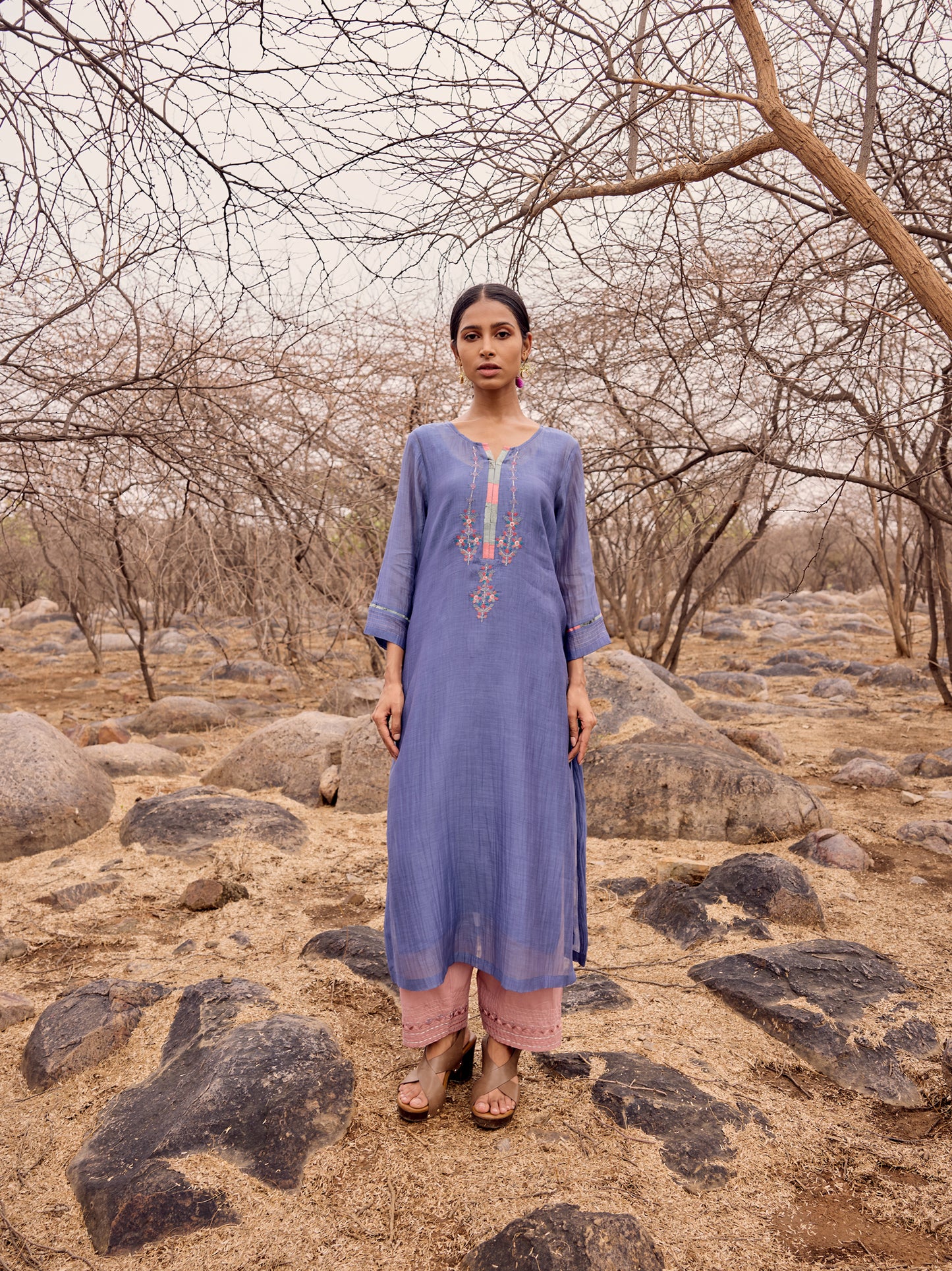 Navy blue mul chanderi threadwork kurta
