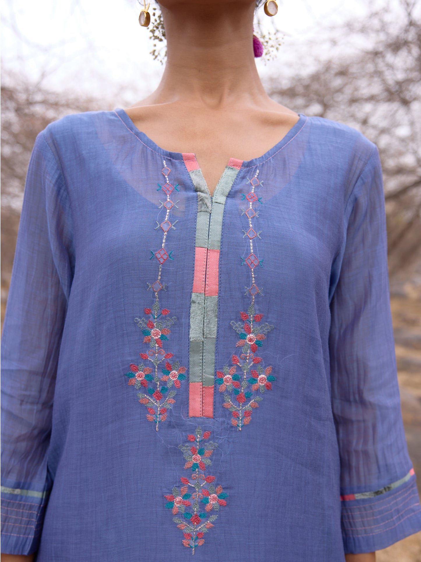 Navy blue mul chanderi threadwork kurta