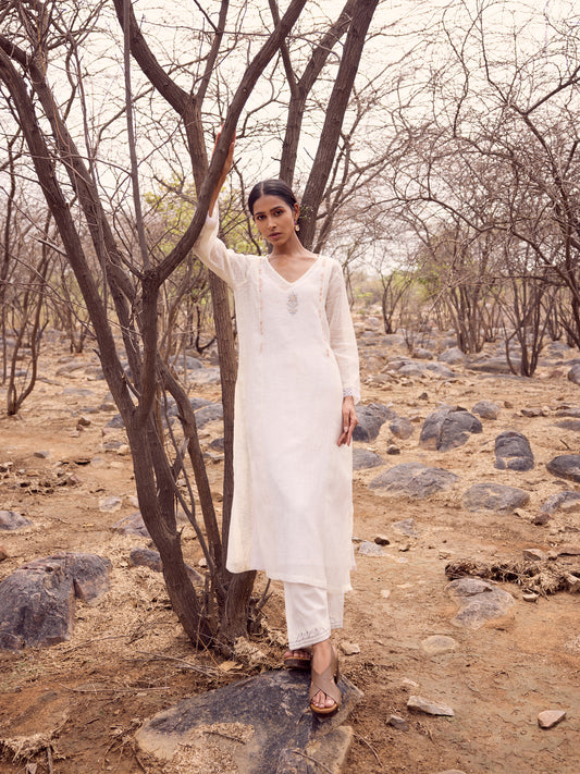 Off white khadi chanderi cutwork kurta